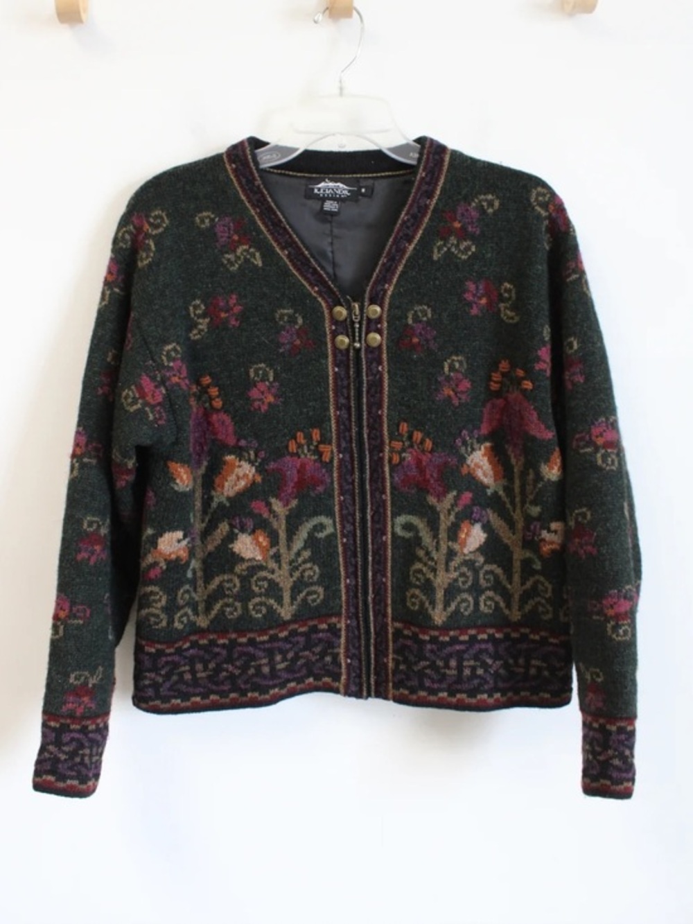 Icelandic Design Green Floral Wool Zip Up sweater | small